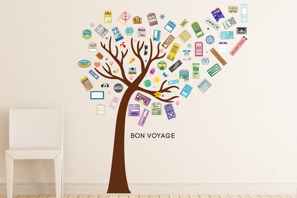 Walplus "Luggage Labels Huge Pink Tree" Home Restaurant Decoration DIY Living Bedroom Removable Self-Adhesive Wall Stickers Art Decals Office Décor, Light Blue, 135 x 160 cm