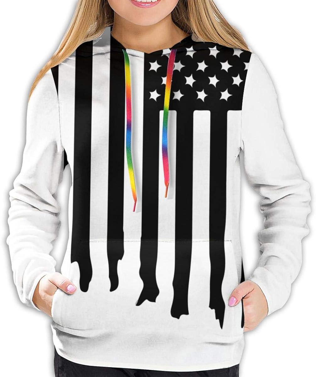 USA American Flag Black White Pullover Hoodies Womens Long Sleeve Top Sweatshirts