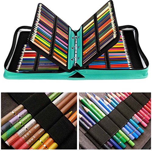 JAKAGO 210 Slots Pencil Case PU Leather Pencil Holder Sleeve Pen Bag with Adjustable Removable Strap Snap Hook for Watercolor Pencils, Colored Pencils, Gel Pens, Cosmetic Brush,Eraser (green)