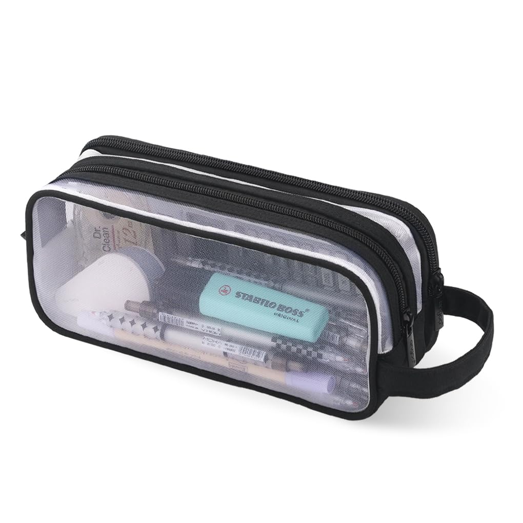 Oyachic 2 Compartment Pencil Case Clear Mesh Pen Pouch Grid Makeup Cosmetics Bag Transparent Marker Organizer Office Business Travel Adults (Black)