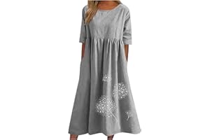 LPMADEY Women's Cotton Linen Short Sleeve Tshirt Dress Dandelion Print Casual Plus Size Midi Dresses Beach Dress with Pockets