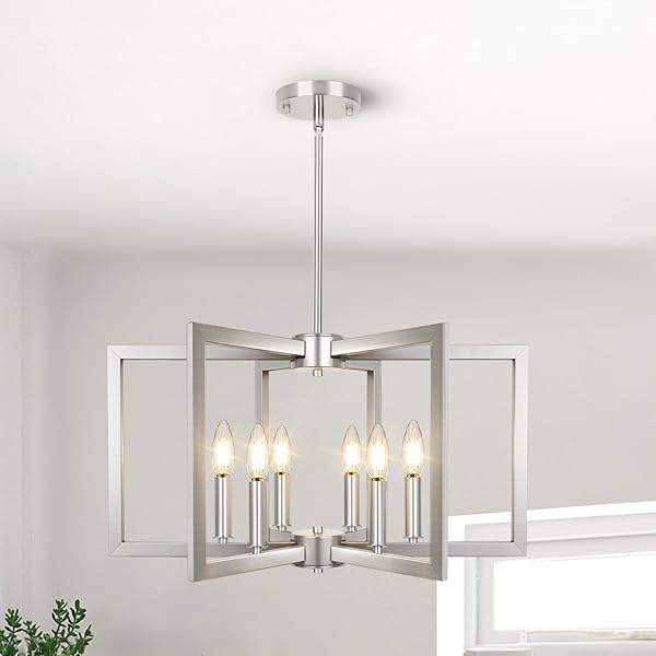 6-LIGHT BRUSHED NICKEL CHANDELIER, FARMHOUSE DINING ROOM LIGHT FIXTURE, MODERN CHANDELIER, GEOMETRIC INDUSTRIAL METAL HANG LIGHTING FIXTURE FOR FOYER ENTRYWAY KITCHEN OVER TABLE HALLWAY LIVING ROOM