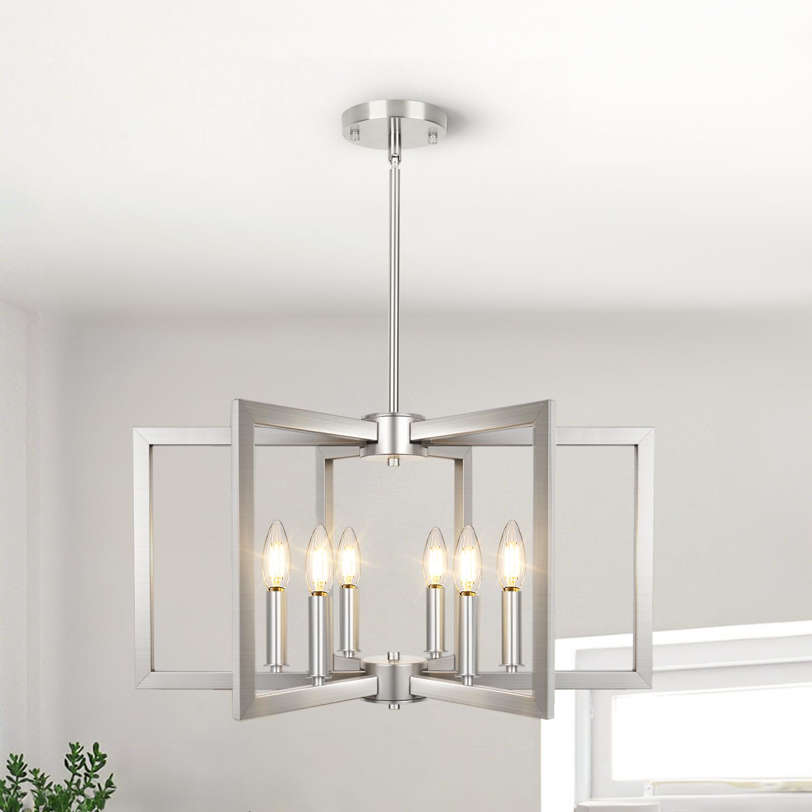 Photo 1 of 6-Light Brushed Nickel Chandelier, Farmhouse Dining Room Light Fixture, Modern Chandelier, Geometric Industrial Metal Hang Lighting Fixture for Foyer Entryway Kitchen Over Table Hallway Living Room
