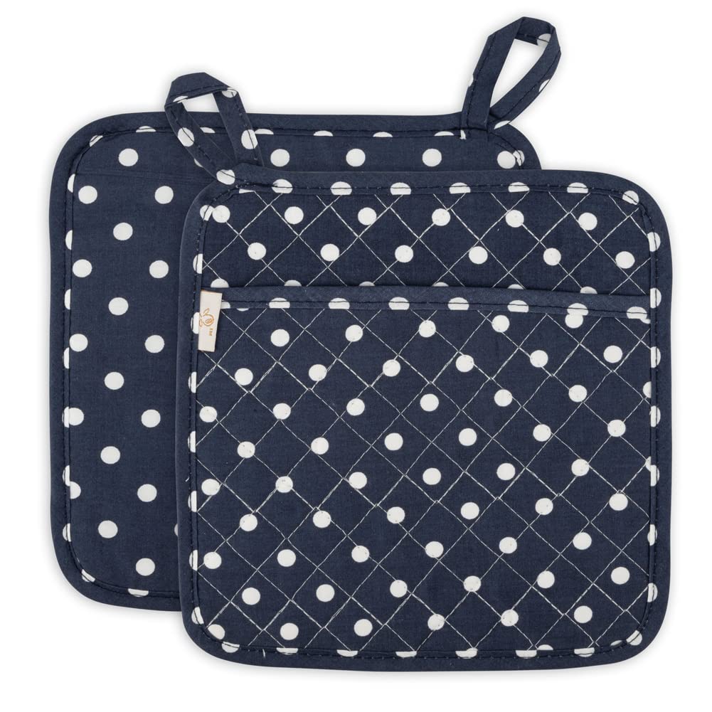 NEOVIVA Pot Holders Set with Pocket 2pcs, Soft Cotton Quilted Oven Pads with Anti-slip Hanging Loop, Durable Heat Resistant Kitchen Potholders for Cooking Baking Grilling Microwave, Blue polka dots