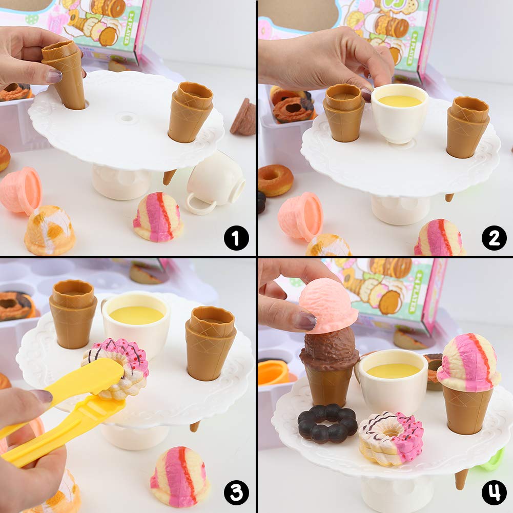 MCPINKY Pretend Play Food Set，Pretend Ice Cream Tower Balance Game Donuts Stacking Toy Play Kitchen Tea Set Educational Gifts for Boys Girls Kids