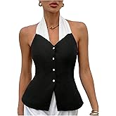 MakeMeChic Women's Work Colorblock Halter Button Down Shirt Backless Dressy Blouse
