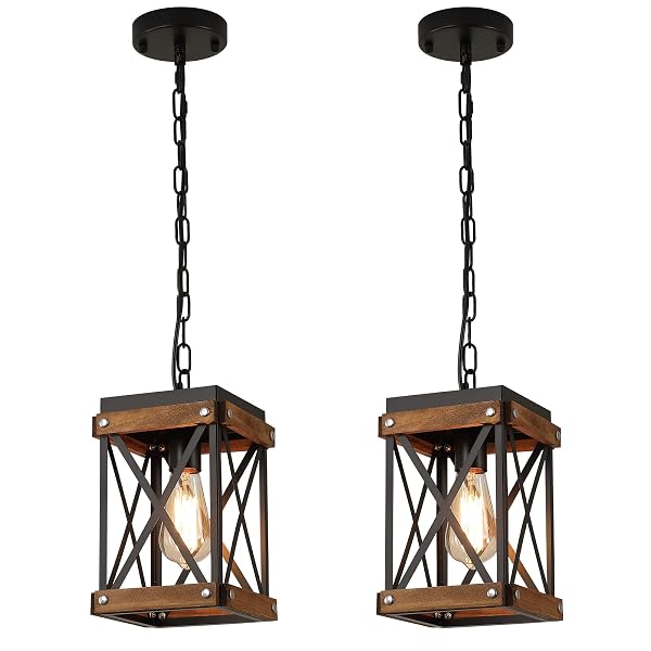 2 PACK RUSTIC FARMHOUSE WOOD PENDANT LIGHT FIXTURE...