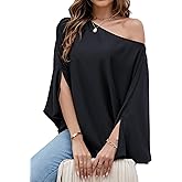 VIMPUNEC Womens Off The Shoulder Flowy Tops Casual Batwing Sleeves Blouses Loose Chiffon Shirts