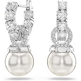 Swarovski Matrix Jewelry Set, Tennis Bracelet, Earrings, Clear Round Cut Crystals With Pearls, Rhodium Finish