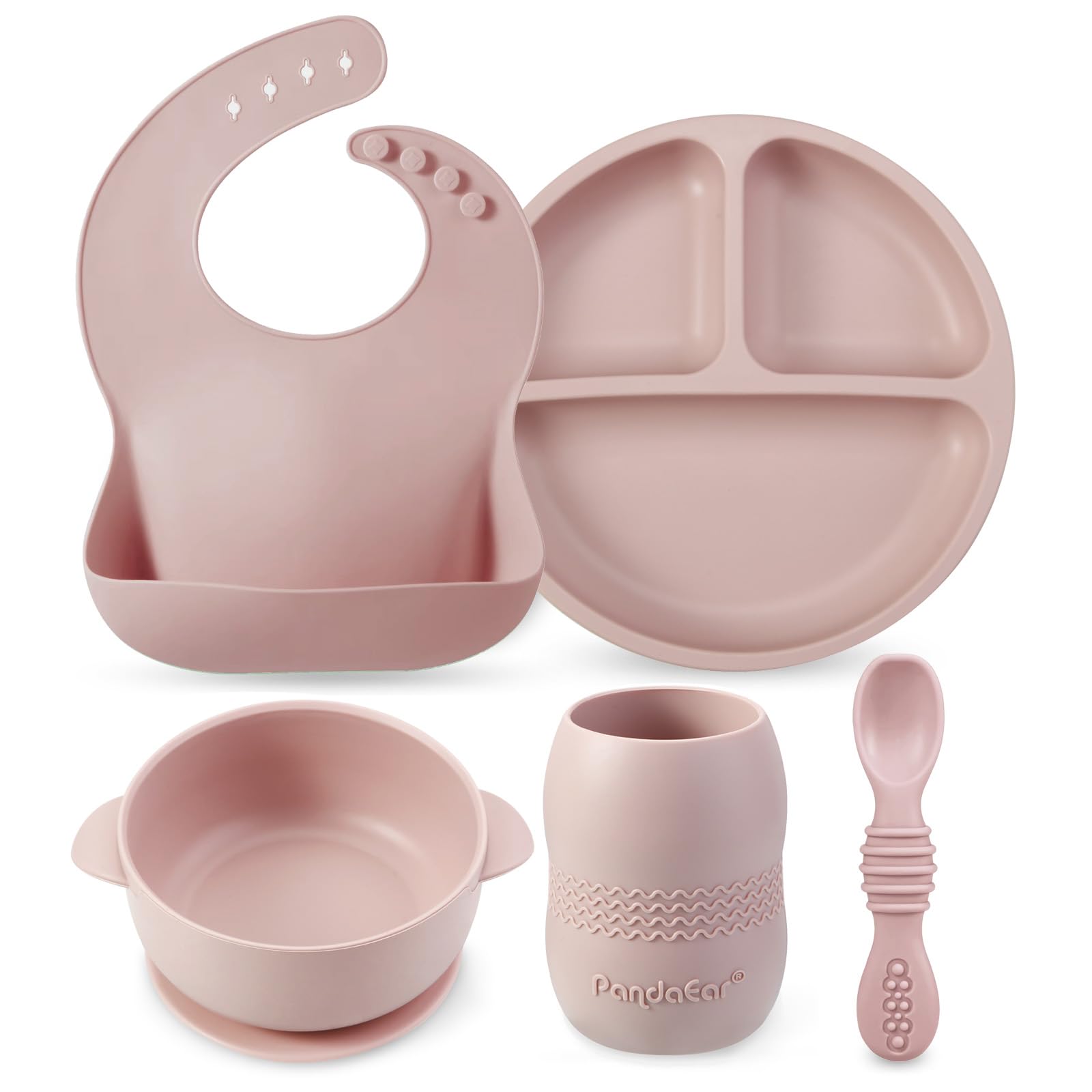 Photo 1 of PandaEar Silicone Feeding Set - Baby Led Weaning Supplies with Bib, Suction Plate, Bowl, Cup, and First Stage Spoon