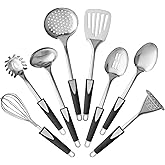 Premium Stainless Steel Kitchen Utensil Set, 8-Piece Cooking Tools with Black Ergonomic Handles, Includes Turner, Spoons, Skimmer, Whisk