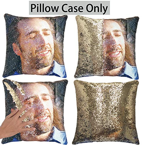 URSKYTOUS Reversible Nicolas Cage Sequin Pillow Case Decorative Mermaid Pillow Cover Color Changing Cushion Throw Pillowcase 16" x 16",Nicolas and Gold