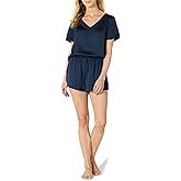 Amazon Essentials Women's Relaxed Fit Satin Short Sleeve V-Neck T-Shirt and Short Sleepwear Set
