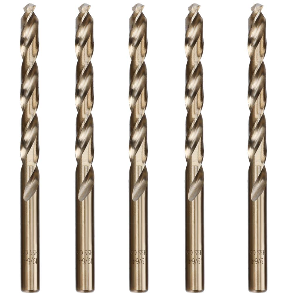 Hymnorq M35 Cobalt Steel Fractional 19/64 Inch Dia. x 4.37 Inch Long Twist Drill Bit Set of 5pcs, Jobber Length Round Shank, Self-Centering Split Point Heat Resistant for Metalworking