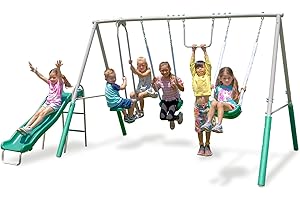 SPORTSPOWER The Swing Company 600LBS Yonkers Metal Swing Set, Outdoor Backyard Playset Kids Aged 3-8 with 2 Swings, Glide Ride, Trapeze, 5ft Slide, Anchor Kit, 6ft Durable Steel Frame