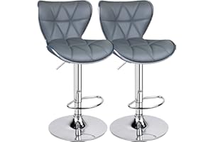 LEOPARD OUTDOOR PRODUCTS Leopard Shell Back Adjustable Swivel Bar Stools, PU Leather Padded with Back, Set of 2, Grey