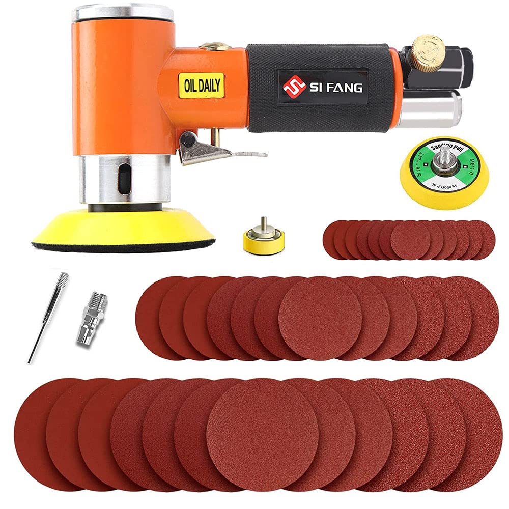 SI FANG Mini Random Orbital Air Sander Kit, Air Sander Car Polisher with 45Pcs 1'' 2'' 3'' Sanding Discs Pads, High Speed Sanding Machine Air Grinder Tools for Fine Grinding & Polishing(Orange)