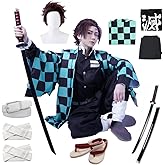 OURUEPY Full Set Men Anime Cosplay Costume For Tanjiro Party Role Costume Kimono Outfit Including Shoes Wig Sword