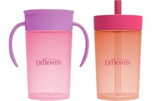 Dr. Brown's Milestones Straw to 360° Cup Set, Convertible Toddler Training Cup Set with Interchangeable Silicone Straw and 360 Degree Cup Lids, Pink Coral, 10 oz/300 mL, BPA Free, 9m+, 2 Pack