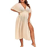 SWOMOG Women Plus Size Swimsuit Cover Up Bikini Bathing Suit Sexy Deep V Neck Swim Beach Dresses Summer Beachwear