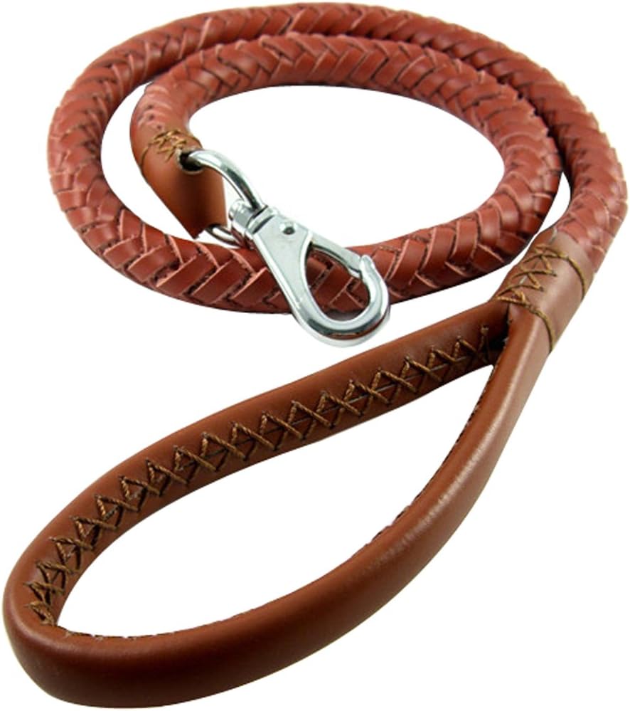 Rantow Durable Brown Leather Braided Training Leads for Big Dogs, Anti-slip Handle Walking Patrol No-pull Genuine Leather Leash with Stainless Collar Clasp, 47 Inch Long and 0.7 Inch Wide