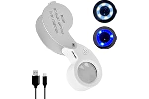 KOPARNEED Pocket Jewelry Loupe Magnifier Rechargeable with 6 LED and 3UV Lights, Small Metal Magnifying Glass 25mm Optical Lens Foldable Lighted Jeweler's Loupe for Antique Coin Gemstone,Jewelry Stamp, Watch