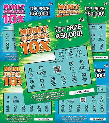 That's Amazing 5 X Euro Currency Fake Joke Winning Scratchcards Lottery Ticket Scratch Cards - All appear to win €50,000 (Multi Pack G)
