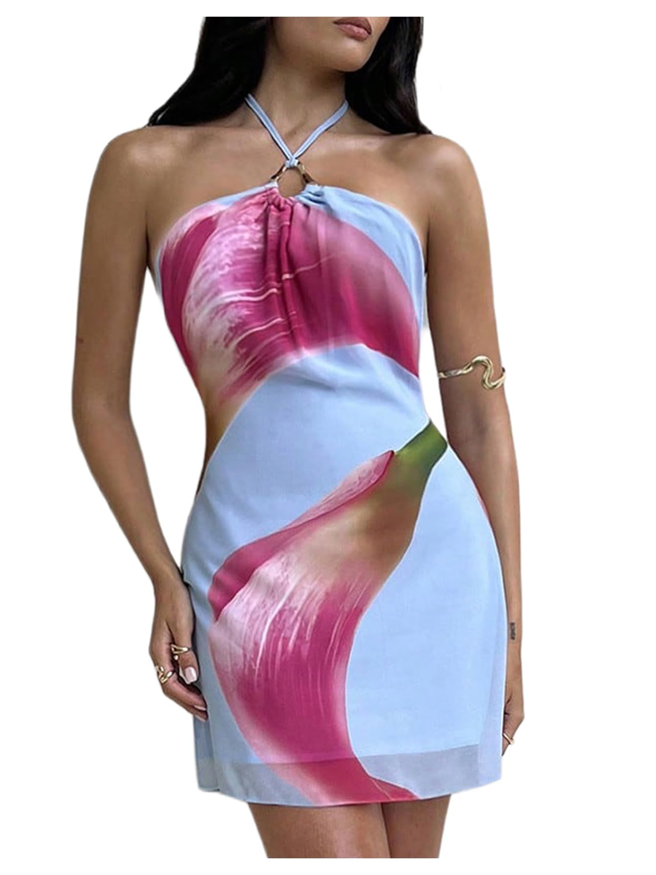 Photo 1 of MakeMeChic Women's Floral Halter Backless Dress Ring Sleeveless Summer Mini Dresses Multicolor Large