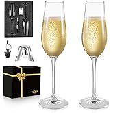 Champagne Flutes - Set of 2 Hand Blown Crystal Clear Glass - 8.2 Oz Champagne Glasses with Champagne Stopper and Gift Box - for Prosecco, Mimosa, Sparkling Wine