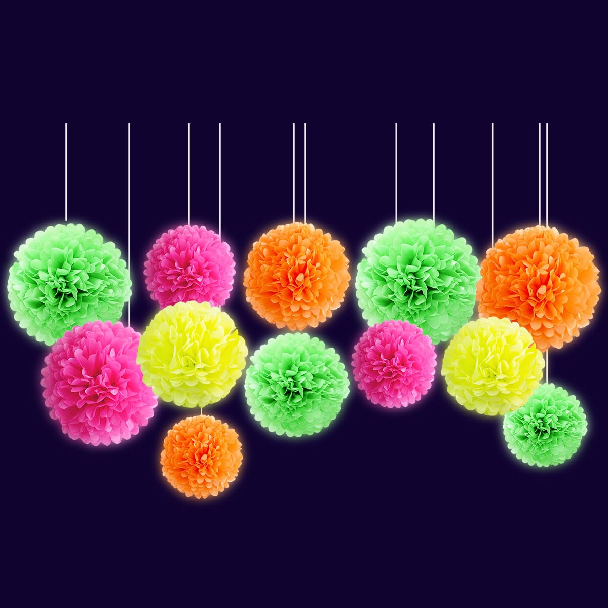 Nicrolandee Fiesta Decorations - 12 Pack Fluorescent Neon UV Reactive Glow Tissue Paper Pom Poms for Birthday, Wedding, Blacklight Party, Taco Party or Mexican Party Supplies