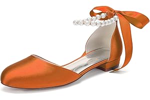 WSMYBLQ Women's Wedding Shoes Satin Bridal Flats with Pearl Ribbon Ankle Strap 0.8" Low Heel Round Toe Dress Shoes