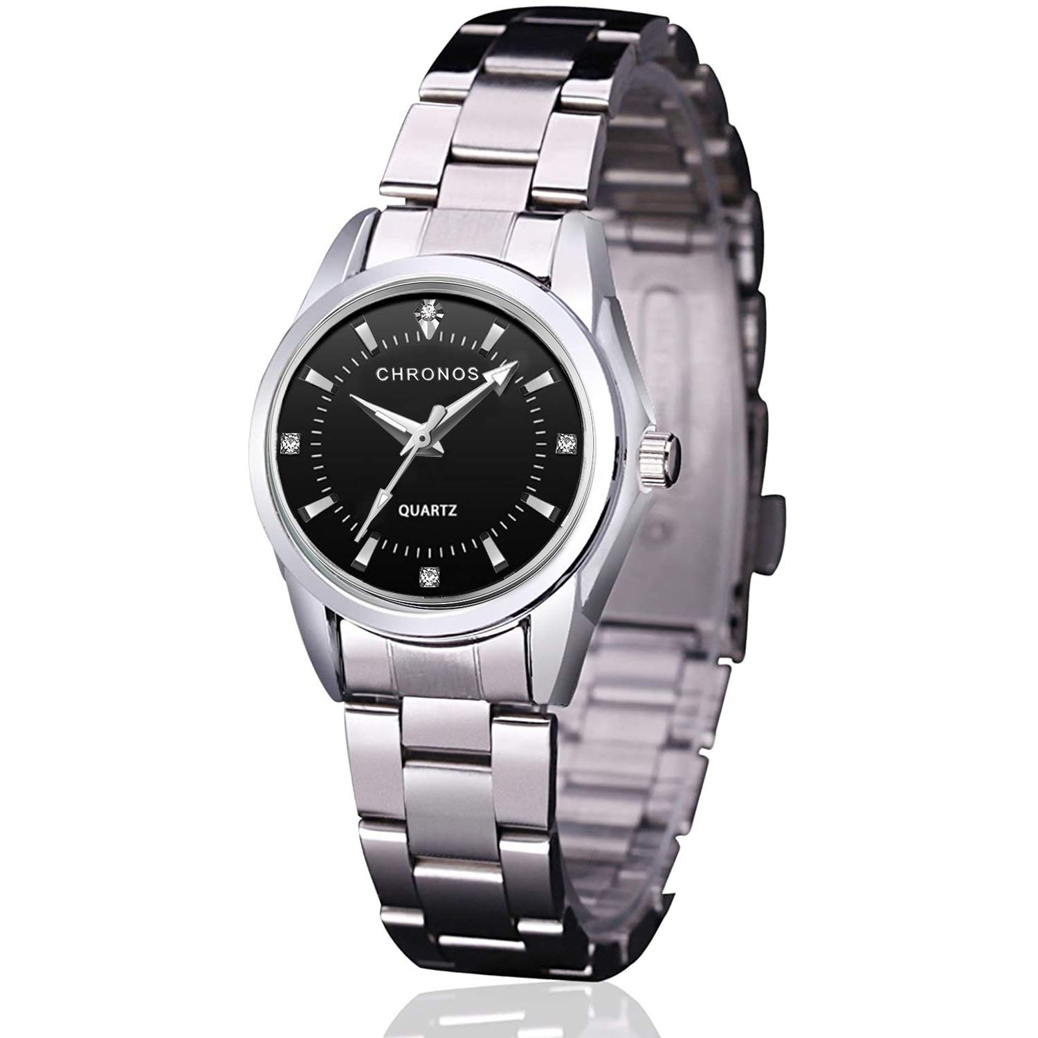 cofuo Women Lady Dress Analog Quartz Watch with Stainless Steel Band, Casual Fashion Waterproof Watches Roman Numeral Diamond Rhinestone Luminous Wristwatch, Black, Quartz Watch