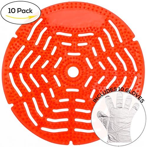 Industrial Grade Urinal Screen and Deodorizer, 10 pack, Anti-Splash &amp; Anti-Bacterial Design – Fits Most Top Urinal Brands at Restaurants, Offices, Schools and includes 10 Poly Gloves (Cherry Scent).