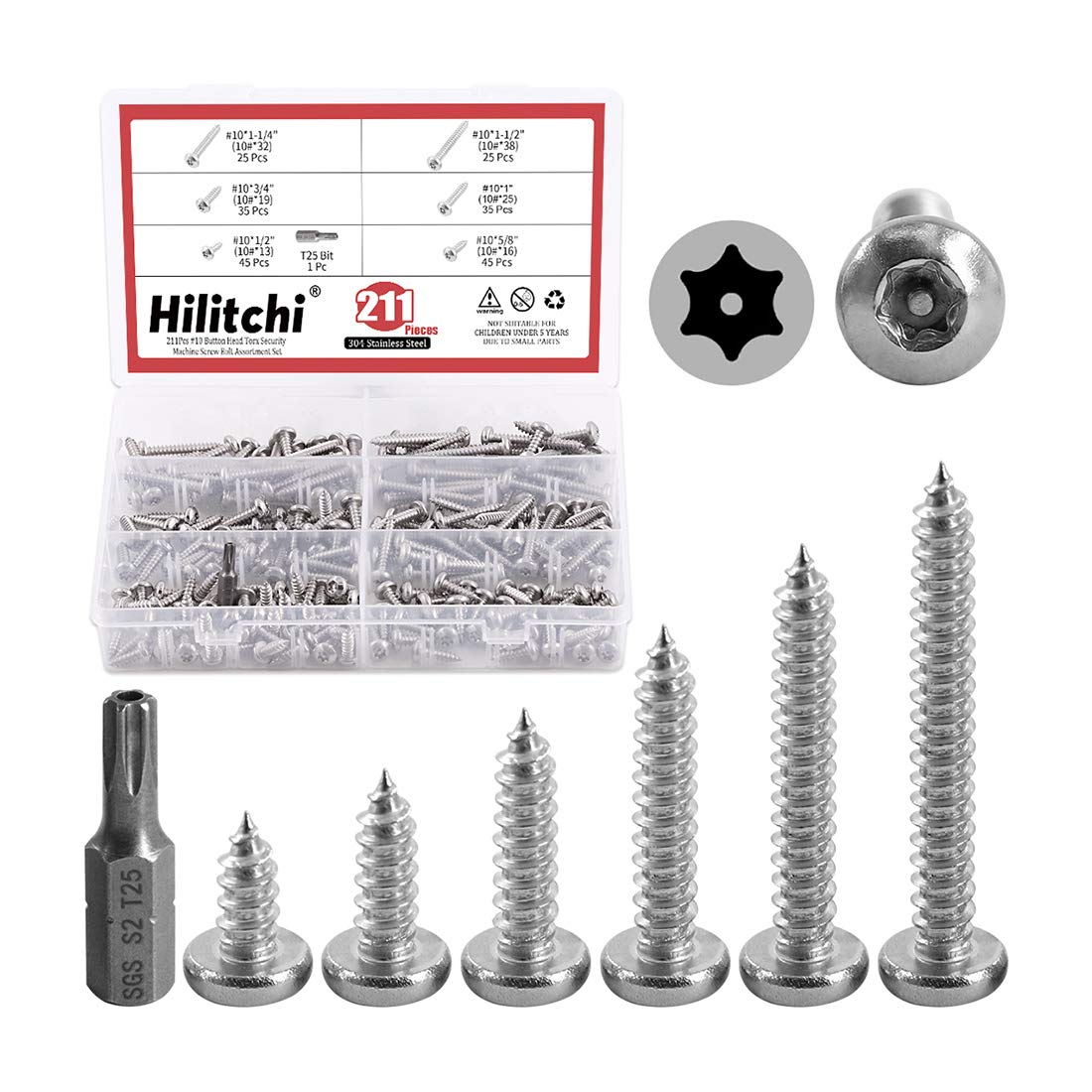 Hilitchi 210 Pcs M5 Stainless Steel Button Head Torx Sheet Metal Screws Silver Security Anti-Theft Tamper Proof Screws Assortment Kit with Screwdriver Bit T25 (M5x13mm ~ 38mm)