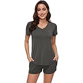 WiWi Pajamas for Women Bamboo Viscose V-neck Pajama Sets Soft Short Sleeve Nightwear with Pockets S-XXL