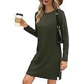 Sampeel Womens Casual Long Sleeve Dress with Slit Knee Length Lightweight Crewneck Travel Dresses Outfits 2024 L Olive Green