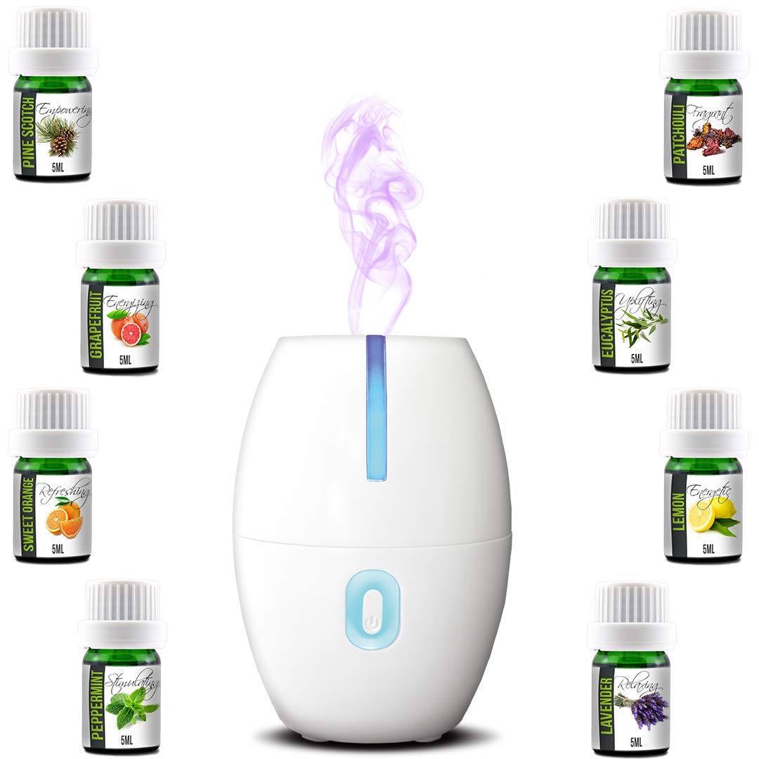 Simply Diffusers USB Aromatherapy Diffuser Ultimate Bundle Gift Set with 8 x 100% Pure Essential Oils. Lavender, Peppermint, Lemon, Orange, Eucalyptus, Grapefruit, Pine, Patchouli (White)