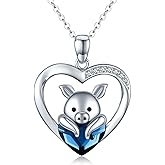 Pig Necklace Gift 925 Sterling Silver Piggy Pendant Necklace with Blue Crystal Jewelry for Women Girls Birthday