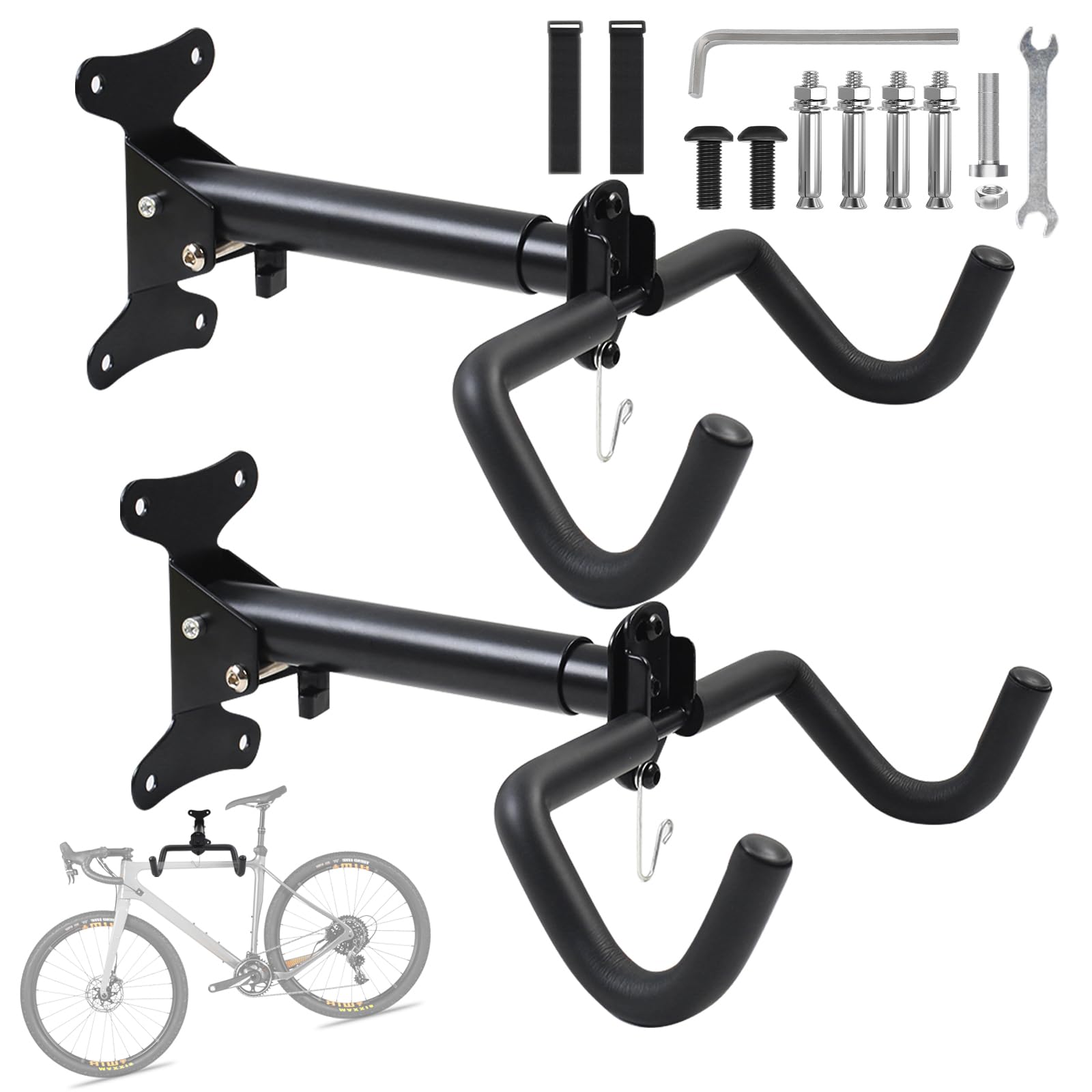YedZen Bike Wall Mount, Adjustable Distance Bicycle Wall Mounted with Helmet Hook and Anti-Slip Padded, Foldable Bike Rack, Bikes Hanger for Garage Indoor