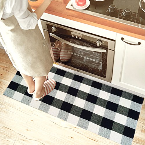 USTIDE 100 Cotton Rugs Black/White Checkered Plaid Rug for Kitchen