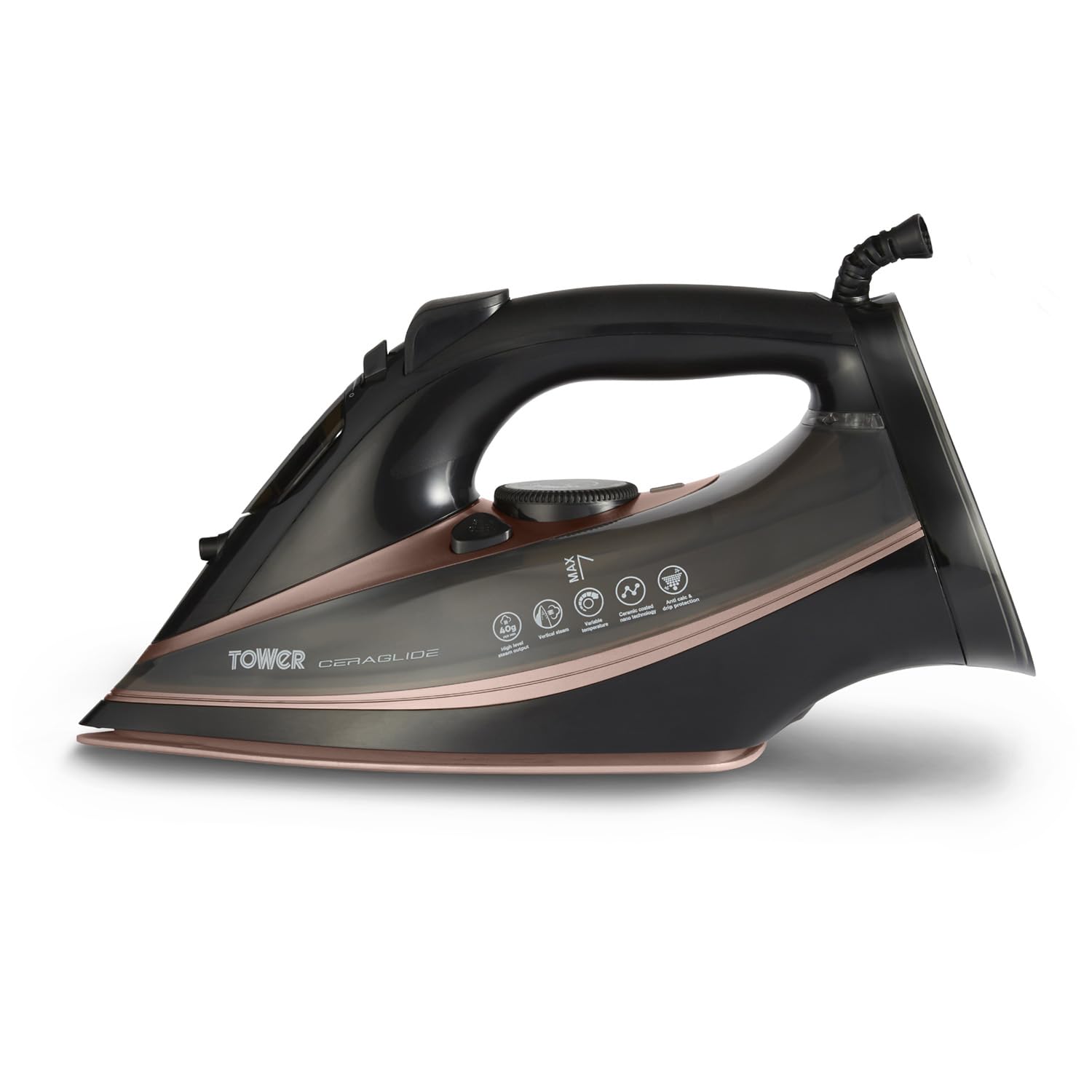 Tower Ceraglide Ultra Speed Iron with Ceramic Soleplate, 3100W, 360ml Water Tank, 40g Continuous Steam, 180g Steam Boost, Anti-Drip & Self-cleaning Function, Black & Rose Gold, T22013