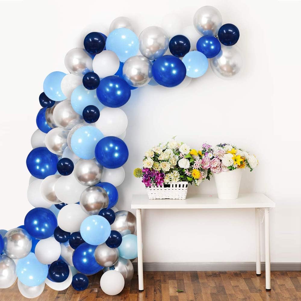 Blue Silver White Balloon Garland Kit，120pcs Royal Blue and