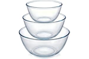 Borosilicate Glass Mixing Bowls, Set of 3 (2.8QT, 2.2QT, 1.1QT) - Heavy-Duty, Scratch Resistant & Lead-Free. Oven, Microwave,
