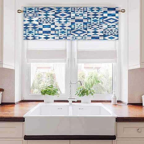 Cortina de cenefa para ventanas, color azul marino, azulejo portugués