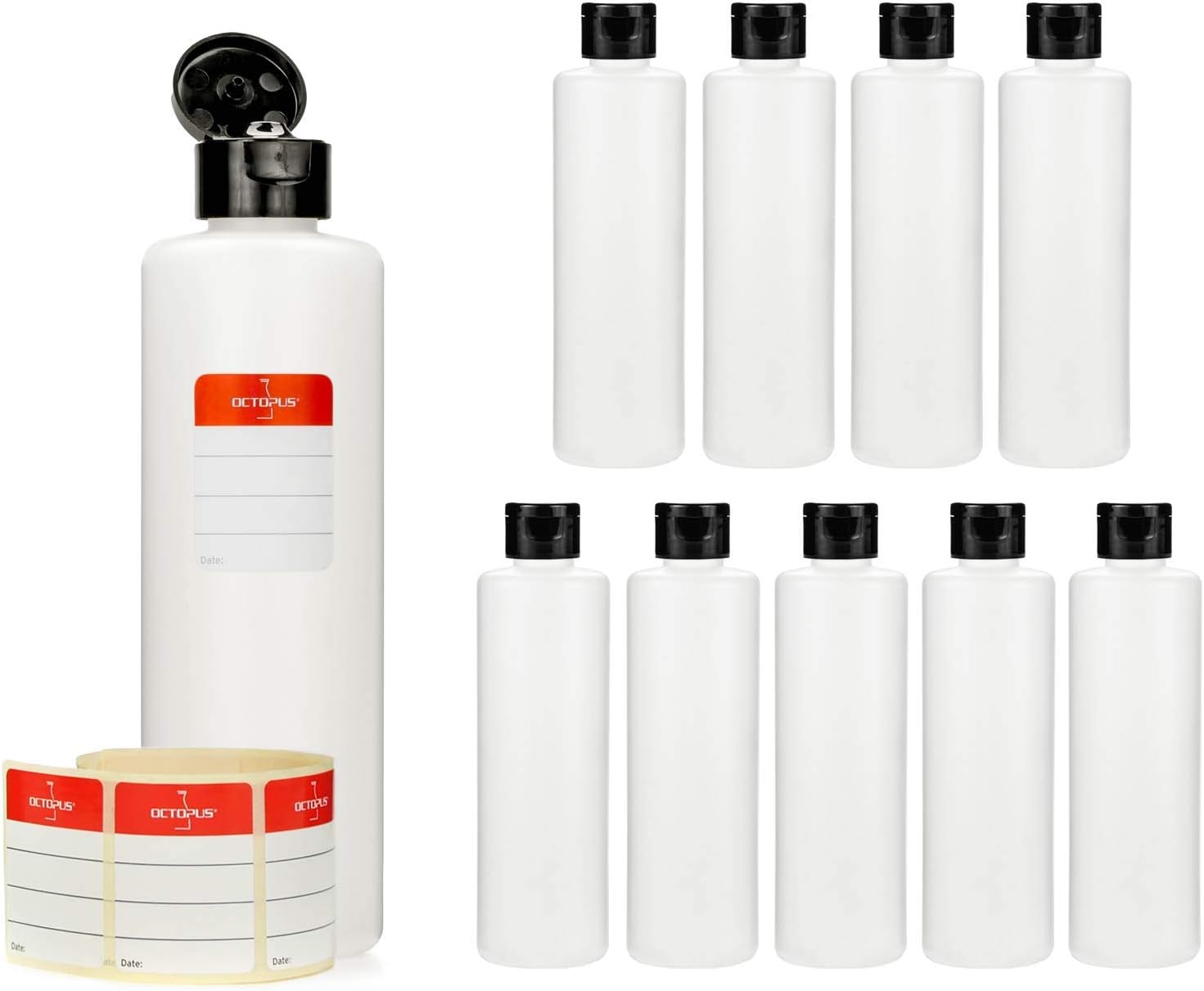10 x 250 ml Octopus plastic bottles, HDPE plastic bottles with black flip-top cap, empty bottles with black hinged cap