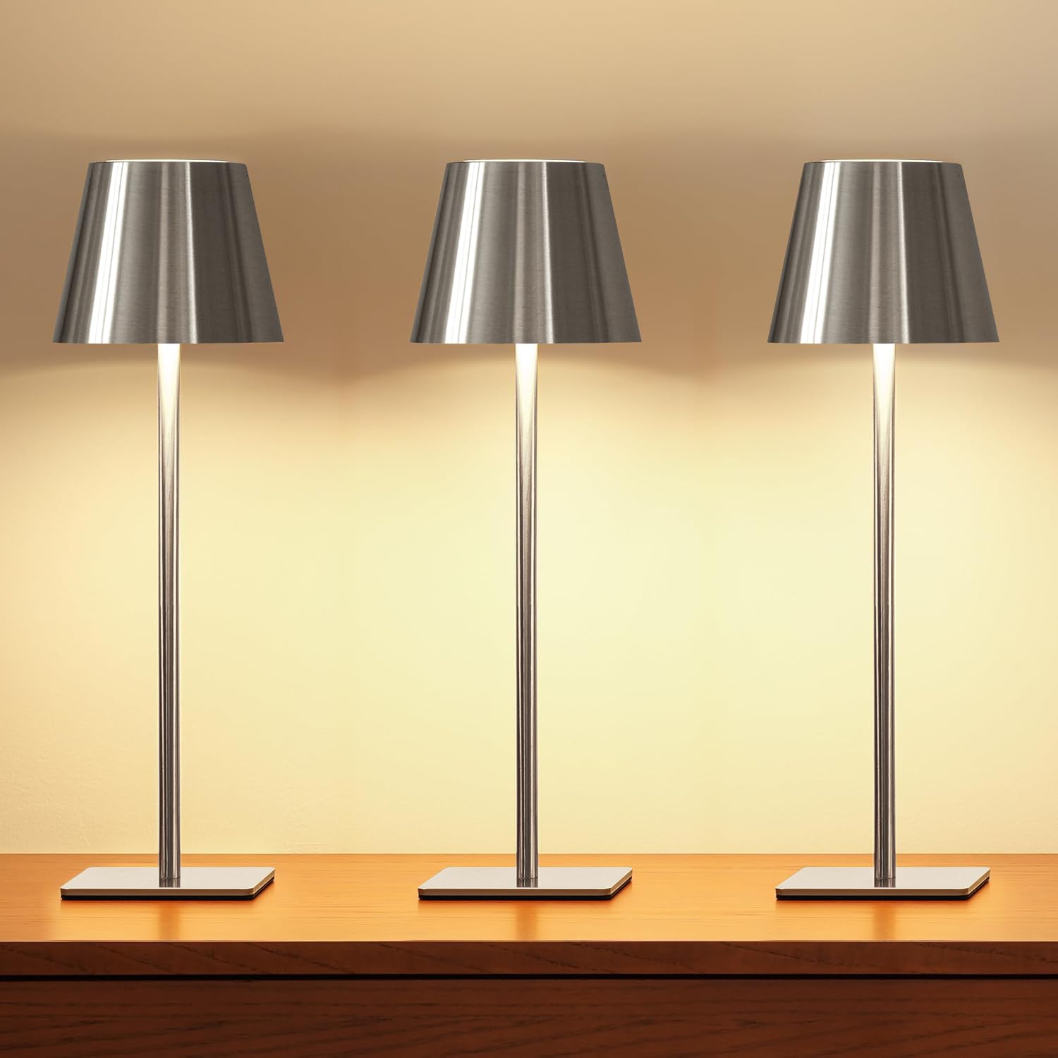 Photo 1 of UME 3 Pack Cordless Table Lamp, Battery Operated Lamp - Portable Waterproof Rechargeable Table Lamp w/ 3 Color Temps & Stepless Dimming for Dinner, Desk, Cafe, Outdoor (Brushed Silver)