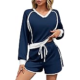 Fisoew Womens 2 Piece Outfits Casual V Neck Cropped Sweatshirt High Waisted Workout Shorts Sets Loose Tracksuits