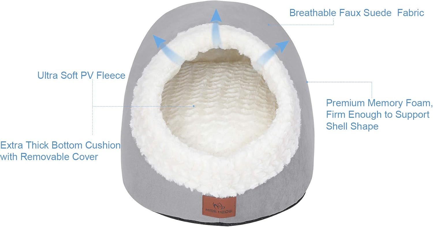 Miss Meow Cat Bed Cave Shape Two Way Conversion Faux Suede 18”x14”x12” Gray : Pet Supplies