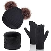 Women Knit Beanie with Pompom, Fleece Lined Neck Warmer & Touchscreen Gloves Set - Winter Thermal Accessories Christmas Gift