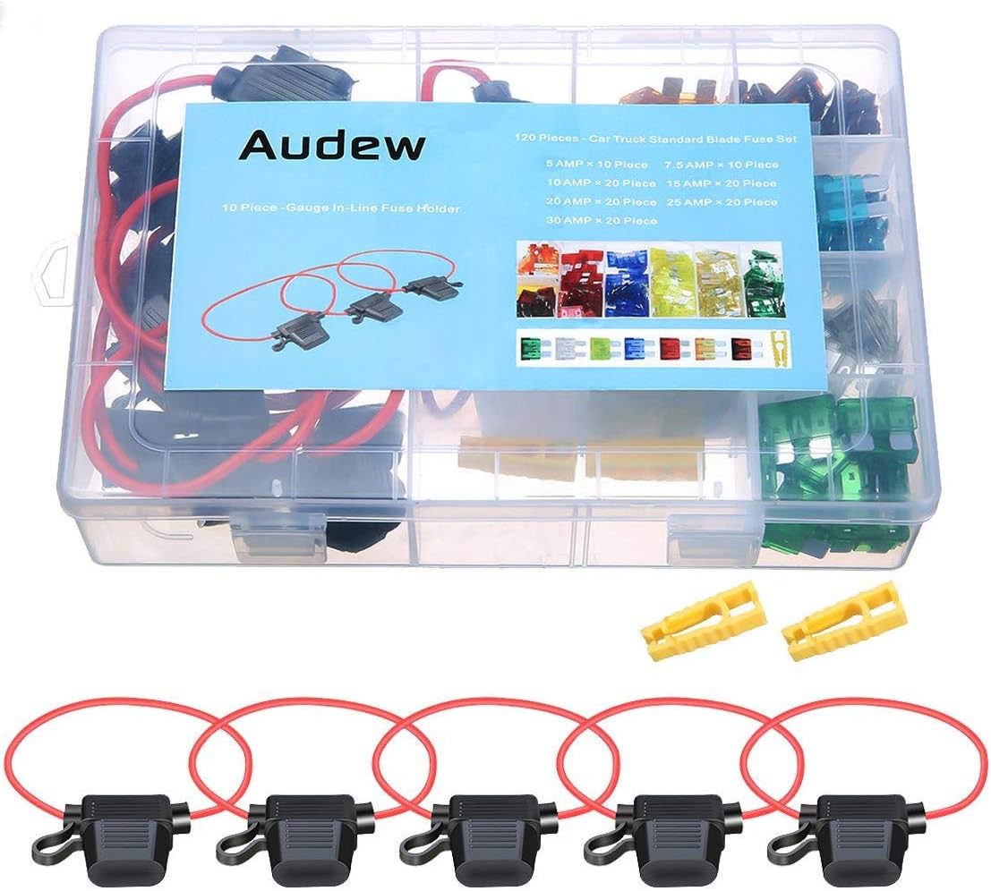 Audew 120 Pieces Blade Fuse Standard Circuit Blade+ 10 AWG Inline Blade Fuse Holder ( 5A, 7.5A, 10A, 15A, 20A, 25A, 30A )
